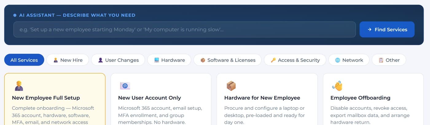 Drevni portal AI assistant: describe what you need and it routes you to the right service, including new-hire onboarding and off-boarding